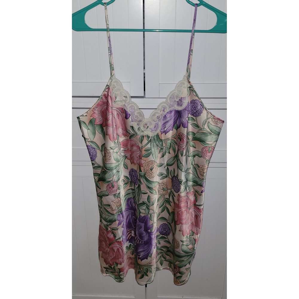California Miss Vintage 90s Floral Satin Lace Trim Chemise Nightgown Large USA